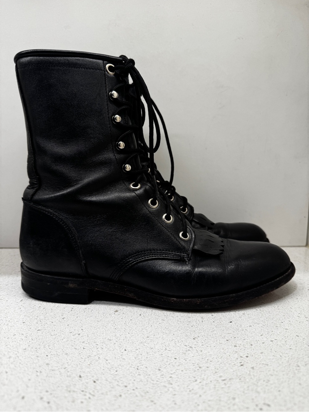 Vintage Justin Roper Boots Black Lace Up Western Rodeo Cowboy Leather 7C